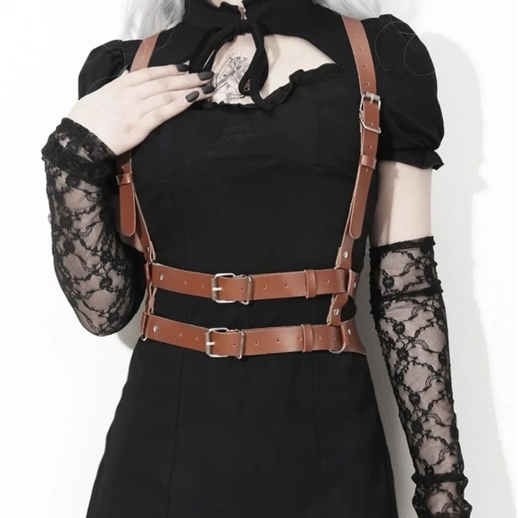 Brown Studded Decor Square Buckle Harness Belt - Picture 3 of 4